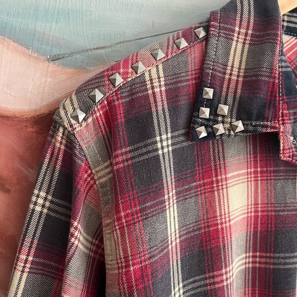 Current/Elliott The Perfect School Shirt Red Revival Plaid with Studs - Picture 2 of 13